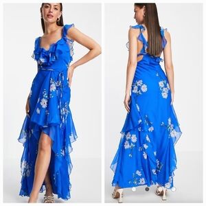 ASOS DESIGN Blue Floral Print Ruffle Maxi Dress Size 12